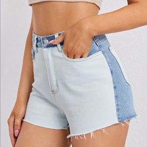 Raw hem color-block denim shorts